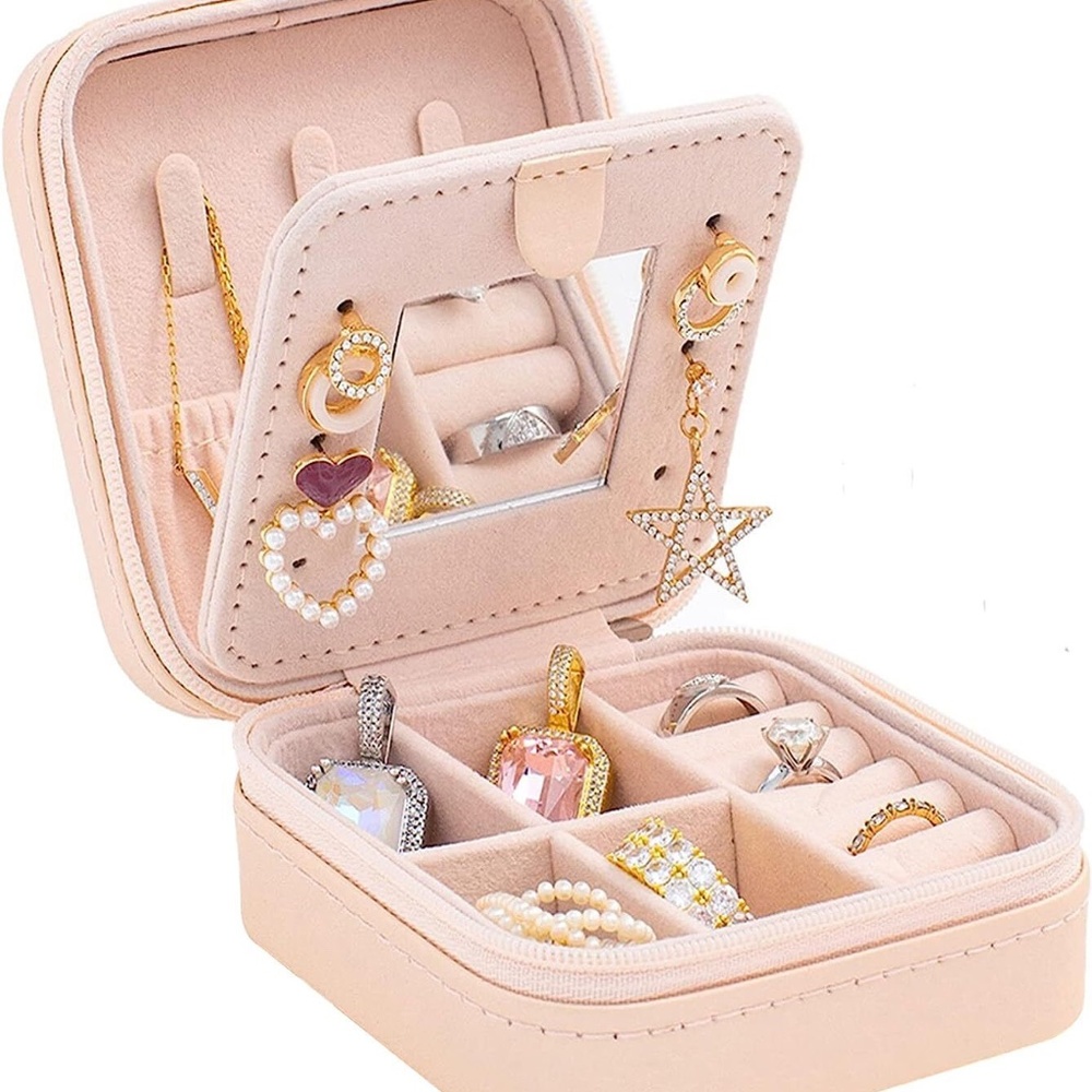 Peach Faux Leather Jewelry Box w/ Mirror Travel Case Earrings, Rings, Necklaces